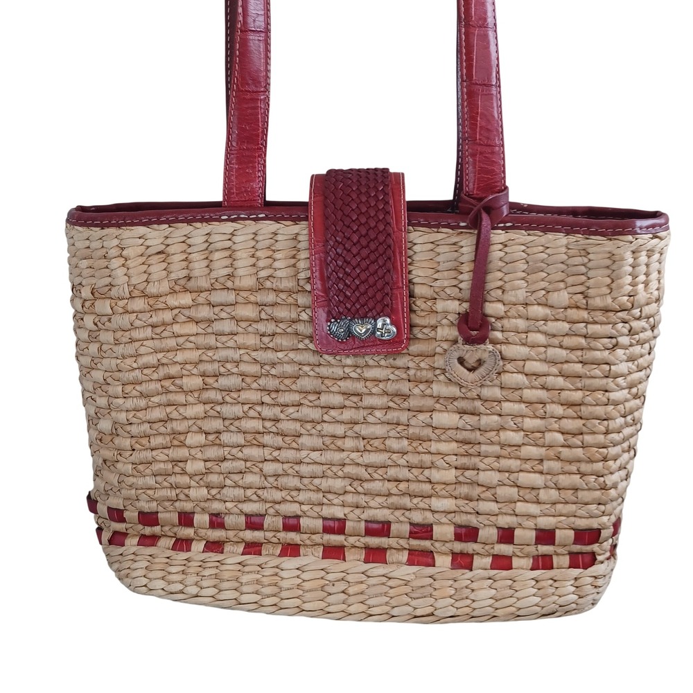 Brighton Woven Straw Tote Bag Red Croc Embossed Leather Heart Charms Paisley